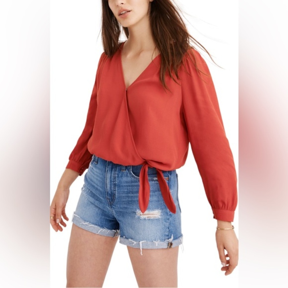 Madewell Deep Red Tie Waist V-Neck Long Sleeved Blouse Top
